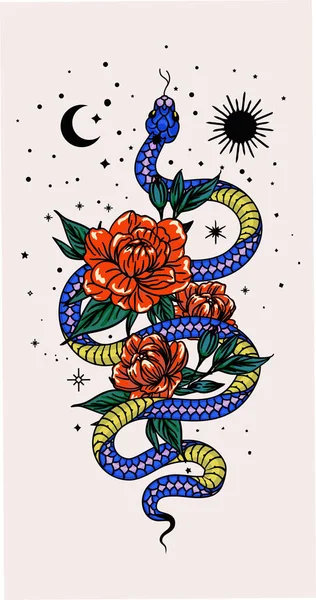 孤立的波希米亚矢量图解 异端蛇 蛇和太阳装饰品印刷品 招贴画 — 图库矢量图片
