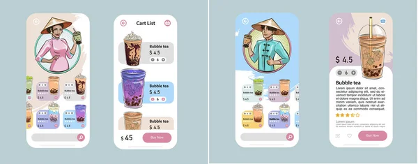 Phone App Ordering Drinks Thai Tea Pearl Tapioca Bubbles — Stock Vector