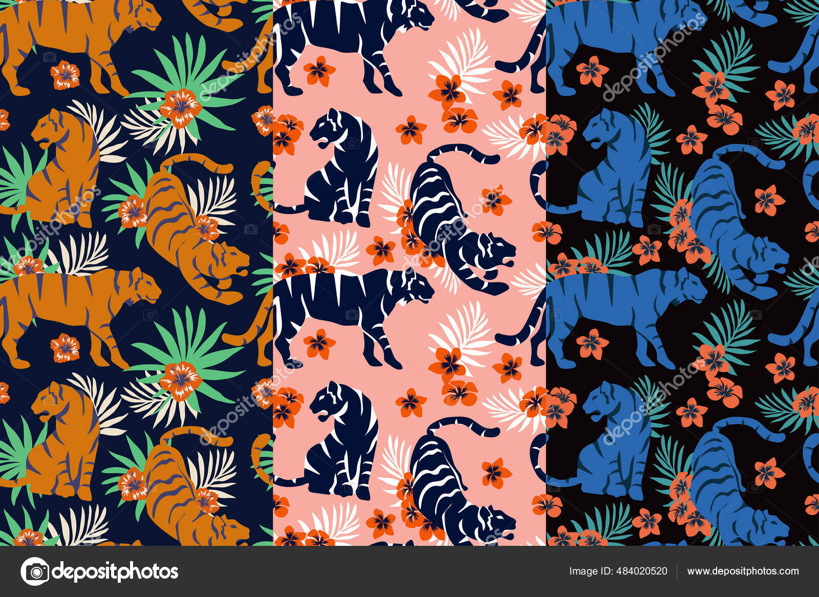 Set Vector Seamless Pattern Cute Tigers Tropical Leaves Exotic Plants Stock  Vector by ©SamsonFM 484020520