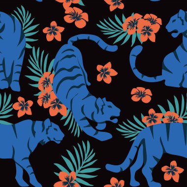 Kaplanlı kusursuz tropikal desen ve bir buket çiçek ve yaprak. Duvar kağıtları, web sayfaları arka planlar, yüzey dokuları, tekstil için ideal. Yanapese moda süsü