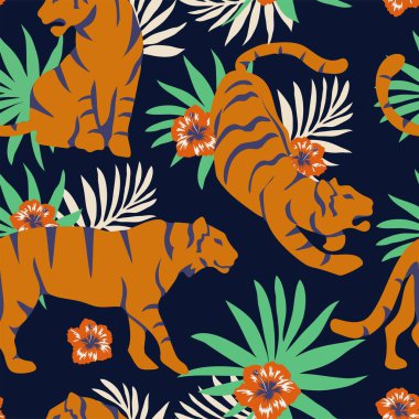 Kaplanlı kusursuz tropikal desen ve bir buket çiçek ve yaprak. Duvar kağıtları, web sayfaları arka planlar, yüzey dokuları, tekstil için ideal. Yanapese moda süsü