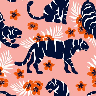 Tropik yapraklı kaplanların ve pastel arka planda egzotik bitkilerin vektör çizimi. Modaya uygun kumaş tasarımı. Duvar kağıtları, web sayfaları arka planlar, yüzey dokuları, tekstil için ideal. Yanapese moda süsü