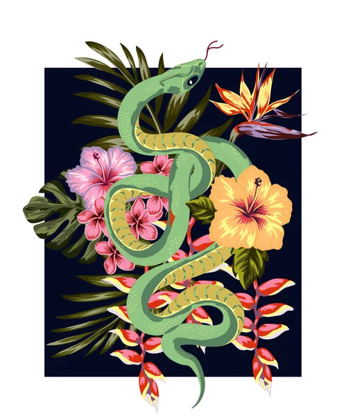 蛇的矢量图解 彩色背景上的花朵 明信片 儿童服装 床上用品 纺织品印刷用摘录模板 — 图库矢量图片