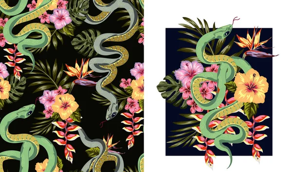 蛇と花のイラストのセット 紙に印刷するための抽象的なパターン ポストカード ベビー服 ベッドリネン — ストックベクタ