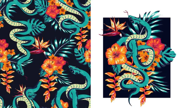 蛇と花のイラストのセット 紙に印刷するための抽象的なパターン ポストカード ベビー服 ベッドリネン — ストックベクタ