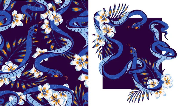 ジャングルの蛇とトロピスの花のデザインTシャツプリントステッカーデザイン — ストックベクタ