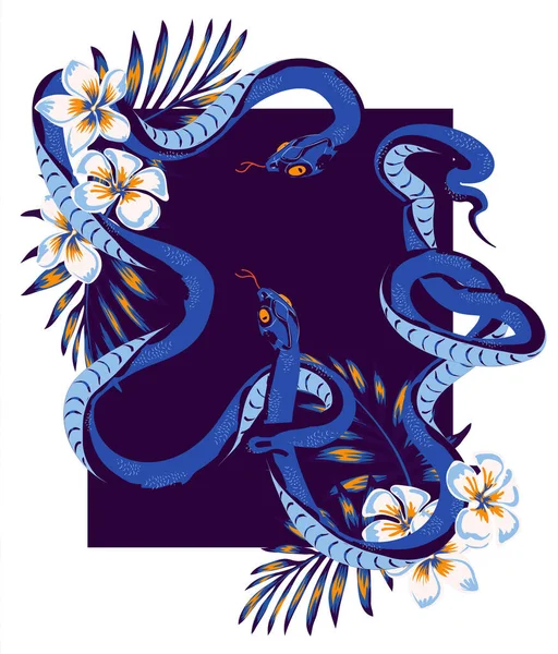 丛林中长有热带花的蛇 纹身草图 T恤图案 贴纸图案 — 图库矢量图片