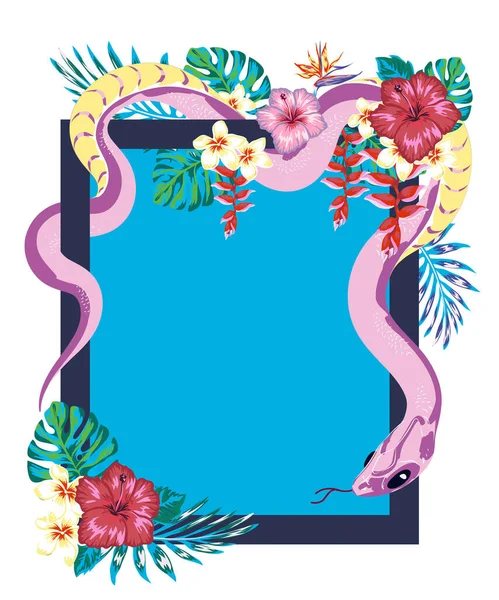 ジャングルの中のヘビやトロピスの花のボーフレームデザイン タトゥースケッチ Tシャツプリント ステッカーデザイン — ストックベクタ