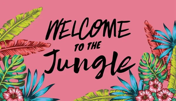 Willkommen Dschungel Banner Lebendige Palmblätter Applikationen Und Tropische Pflanzen Chlorophyll — Stockvektor
