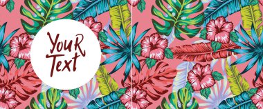 Sosyal ağlar, egzotik amber çiçekleri ve palmiye yaprakları için el ilanları ya da gönderiler. Çiçekli yaz çiçekleri. Duvar kağıdı doğası. Kusursuz vektör deseni