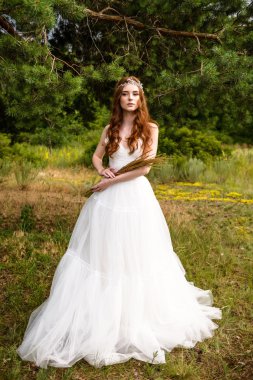 Kızıl saçlı genç kız ormanda. Parkta gelin portresi. Bir kız buğday kulakları elinde tutar. hippi kız