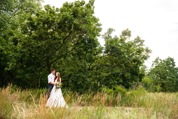 La pareja en las orejas de trigo en el bosque. Los novios en las espigas de trigo en el parque . — Foto de Stock