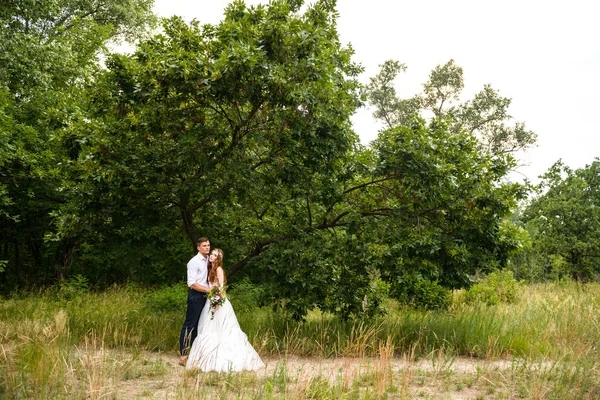Pár v uších pšenice v lese. Nevěsta a ženich v uši pšenice v parku. — Stock fotografie
