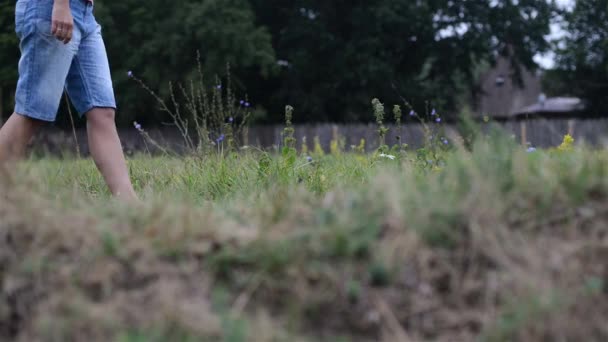 Meisje loopt op het gras. Vrouwelijke voeten lopen op gras — Stockvideo