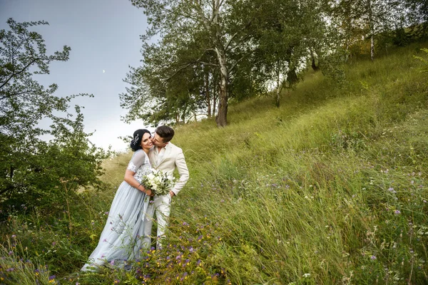 Pareja joven enamorada al aire libre. Novia elegante y novio posando juntos al aire libre en un día de la boda. novios en el parque. pareja joven en el bosque. pareja joven en la hierba. pareja caminando — Foto de Stock