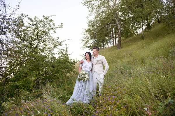 Pareja joven enamorada al aire libre. Novia elegante y novio posando juntos al aire libre en un día de la boda. novios en el parque. pareja joven en el bosque. pareja joven en la hierba. pareja caminando — Foto de Stock