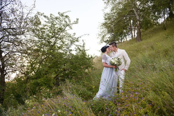 Mladý pár v lásce venkovní. Elegantní nevěstu a ženicha pózuje spolu venku na svatební den. Nevěsta a ženich v parku. mladý pár v lese. mladý pár v trávě. pár — Stock fotografie