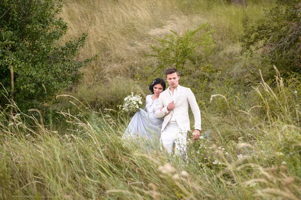 Νεαρό ζευγάρι στην αγάπη εξωτερική. Κομψό νύφη και ο γαμπρός που ποζάρει μαζί σε εξωτερικούς χώρους για την ημέρα του γάμου. νύφη και το γαμπρό στο πάρκο. νεαρό ζευγάρι στο δάσος. νεαρό ζευγάρι στο γρασίδι. Ζευγάρι περπατά — Φωτογραφία Αρχείου