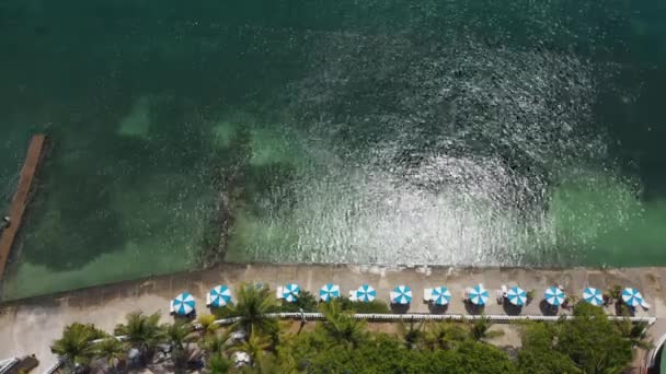 Ombrelloni e lettini su una spiaggia di cemento vista aerea dall'alto — Video Stock