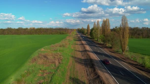 Nieuwe weg door het platteland en gecultiveerd uitzicht vanuit de lucht — Stockvideo