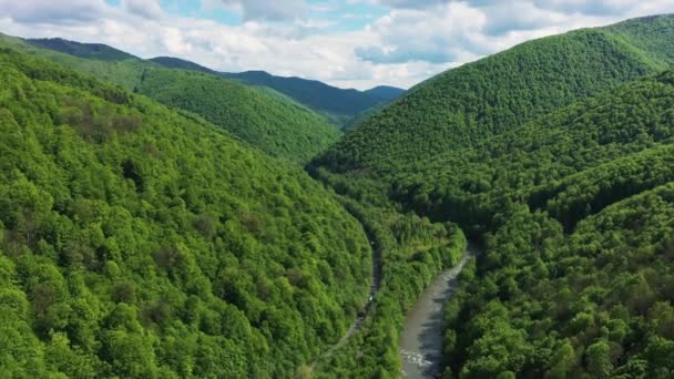 El camino en la impenetrable vista aérea de la selva montañosa — Vídeos de Stock