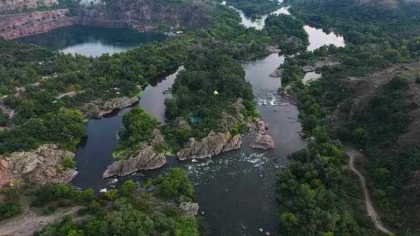 Landscape of the river and granite rocks aerial view. Radon Lake Near Southern Bug River Mihiya — Stock Video