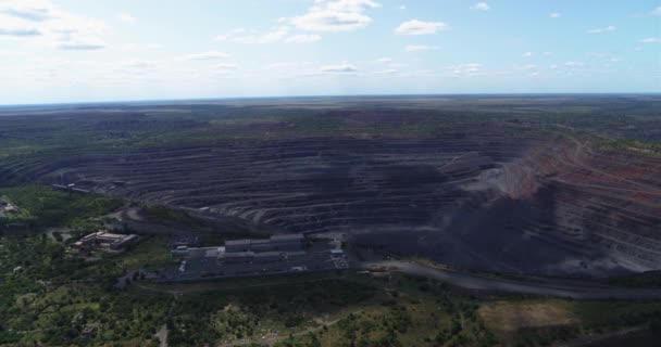 Открытый карьер по добыче железной руды в индустриальном городе — стоковое видео