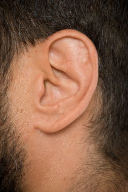 Kısa saçlı ve açık renk sakallı bir erkek kulağının yakın çekimi.