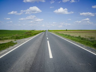 Geniş asfalt yol, mavi gökyüzünün altındaki yeşil çayırlarda uzanıyor..