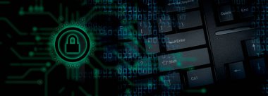 Kilitler ve devre modelleri içeren soyut siber güvenlik temasının dijital illüstrasyonu