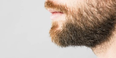 Kalın sakallı bir adam çene çizgisi profilini gösteriyor..