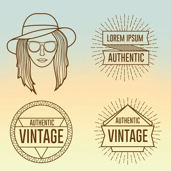 Logo ve arka plan bulanık rozetleri ile doğrusal Hipster kız yüz