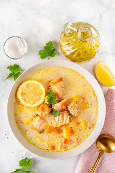 Salmon fish soup on white background — Stock Image Salmon fish soup on white background Stock Image