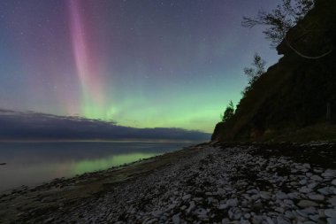 A stunning display of the aurora borealis with green and purple lights over the calm Baltic Sea in Paldiski, Estonia. 