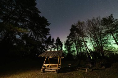 Estonya 'da bir orman kampında büyülü bir gece. Yıldızlı gökyüzünün altında ahşap bir barınak ve güzel yeşil Aurora Borealis..