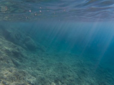 Fransız Rivierası 'nın büyüleyici sualtı manzarası. Kayalık deniz tabanını aydınlatmak için açık mavi deniz yüzeyini delip geçen sihirli güneş ışınları..