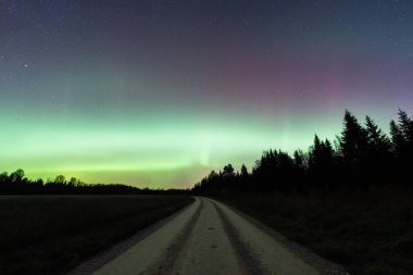 Yeşil Aurora Borealis Kuzey Işıkları Estonya kırsal kesimindeki çakıl yolu üzerindeki yıldızlı gece gökyüzünü aydınlatıyor..