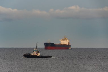 Geniş Baltık Denizi 'nin ön planında ilerleyen güçlü bir ticari römorkör bulutlu bir gökyüzünün altında büyük, demirli bir yük gemisinin yanından geçiyor..