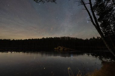 Samanyolu yansıması ve orman silueti arka planına sahip yıldızlı bir gökyüzünün altında donmuş Estonya gölünün nefes kesici gece manzarası..