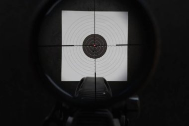 Tüfek dürbününden nişan alan ilk kişi ve hedefin merkezine nişan alınmış kırmızı nokta lazeri..