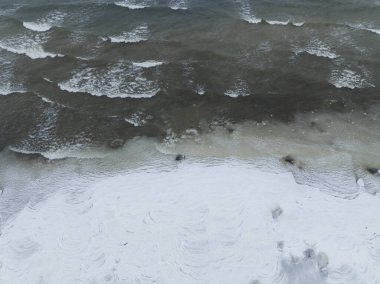 Kara fırtınalı Baltık Denizi dalgalarının yüksek açılı drone görüntüsü kışın Estonya 'da karlı, beyaz, donmuş bir kıyı şeridine çarpıyor..
