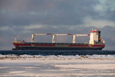 Buz gibi Baltık Denizi 'nin soğuk sularında kışın karlı kıyı şeridi boyunca ilerleyen vinçleri olan paslı büyük bir kargo gemisi..
