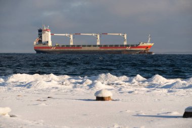 Baltık Denizi 'nin soğuk mavi sularında, parlak bir kış gününde turnalarla gezinen büyük bir kargo gemisi..