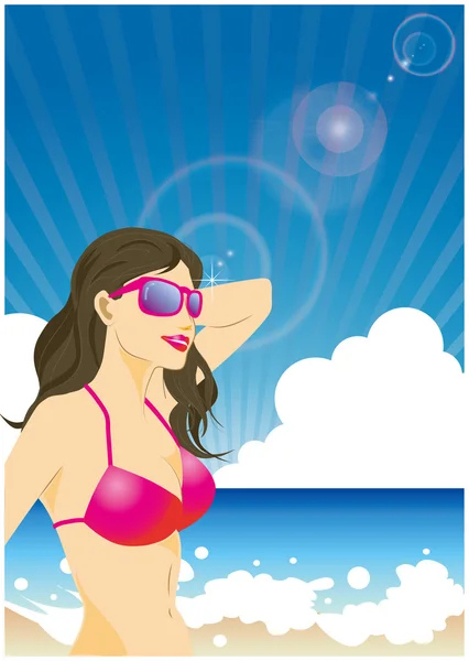 Playa de verano y mujer — Vector de stock