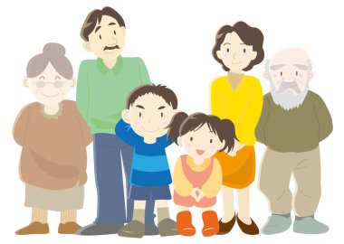 Mutlu aile (Ebeveynler, çocuklar ve büyükbaba veya büyükanne)