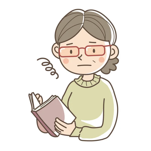 Oudere Vrouw Die Een Boek Leest Met Leesbril — Stockvector