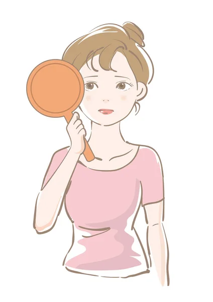 Young Woman Worried While Looking Mirror — Stock Vector