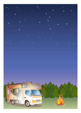 Kamp aracı ve odun, Gece Ormanı 'nın arka plan görüntüsü. Vektörden yapılmış dikey manzara çizimi.