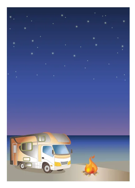 Camper Van Lenha Noite Sandy Praia Imagem Fundo Ilustração Vertical — Vetor de Stock