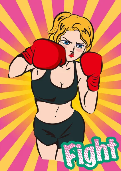 Retro Cartoon Pop Art Women Boxing — Stock Vector